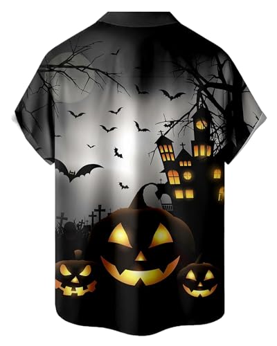 Mens Halloween Shirt Pumpkin Printed Hawaiian Bowling Short Sleeve Casual Button Down Holiday Shirts2