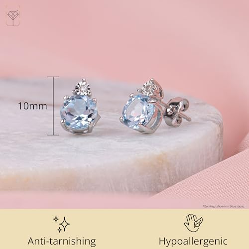 Gemstone and Diamond Accent Halo Round Stud Earrings for Women in 925 Sterling Silver 7mm Birthstone with Push Backs by MAX + STONE3