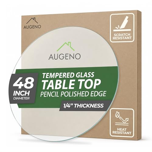 Augeno 48 inch Round 1/4 Thick Pencil Polished Edge Glass Table Top with 6 Bumpers - Tempered Scratch Resistant & Safety Replacement Glass Designed for Dining Coffee Patio & End Tables