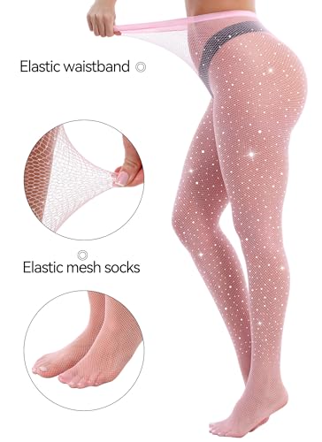 Image of VEBZIN Sparkly Fishnets Stockings High Waist Fishnet Tights for Women | Rhinestone Design, Sparkly Glitter Effect, Reinforced Toe, High Stretch, Everyday Wear, Rave Party Concert Festival Outfits