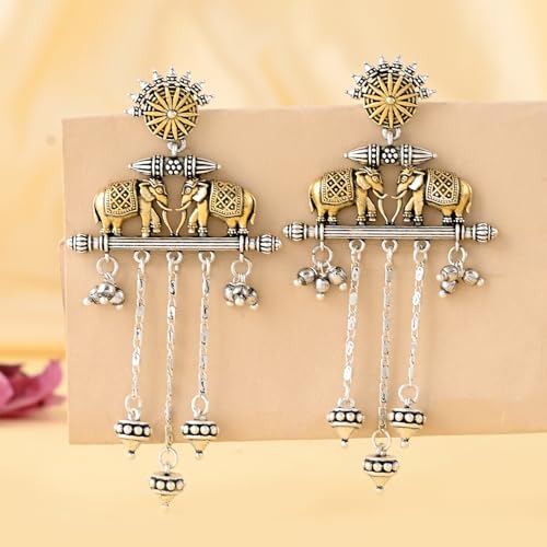 Image of Voylla Qasbah Oxidised Two Tone Stud Earrings For Women, Oxidised Dangler Earrings For Women, Dual Tone, Everyday, Festive, Diwali, Karwachauth, Gift For Her (Haathi Mere Sathi)