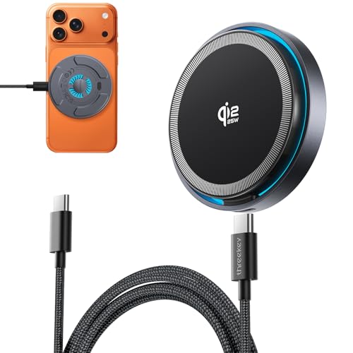 THREEKEY Qi2.2 Magnetic Wireless Charger: 25W Fast Charging Pad with Cooling Fan Wireless Phone Charger with 6.6ft Cable for iPhone 17/16/15/14/13/12 Series(Adapter Not Included)