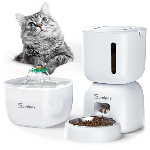 Automatic Cat Feeder and Water Dispenser, Cat Food Dispenser with Locking Lid, Two-in-One Set Timed Cat Feeder for Cats and Puppies, Pet Feeder with Portion Control, 4 Daily Meals