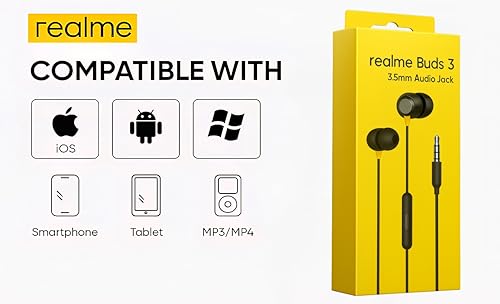 Image of realme Buds 3 Wired in-Ear Earphones with Mic | 9mm Dynamic Driver | Deep Bass | Branded Tangle-Free Braided Cable | Single Button Control | 3.5mm Jack | 6 Months Warranty (Black Color)