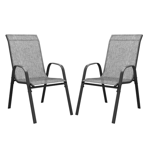 Image of DIFY Patio Chairs Set of 2, Stackable Outdoor Dining Chairs Set with Breathable Textilene High Back and All-Weather Metal Frame for Garden, Backyard, Deck, Grey
