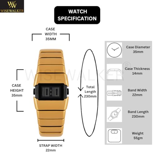 Image of WiseWalker Unisex GenZ Luxury Style Digital Gold Watch Unique Band with LED Display Digital Watch | Retro Digital LED Watch Black Display Screen Modern Fashion Timepiece | Wristwatch For Men and Women