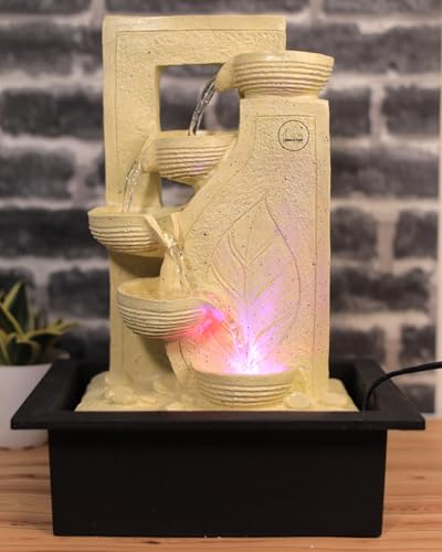 Image of Homvation Cream Resin Tabletop Water Fountain with LED Light | 4-Tier Cascading Waterfall Showpiece for Living Room, Office Desk | Vastu Home Decor Gift