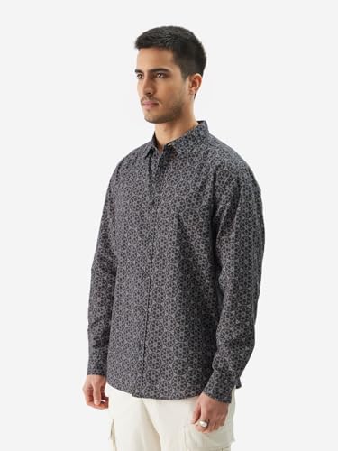 Image of The Souled Store Hortensia Men and Boys Long Sleeve Collared Neck Button Front Grey All Over Print Cotton Relaxed Fit Shirts Shirts Casual Button-Down Full Sleeve Casual Workwear Fashionable Stylish