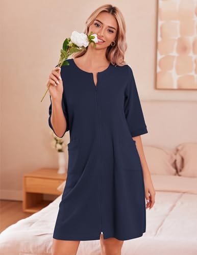 Image of Ekouaer Zip Up Robes for Women Short Waffle Bathrobe Lightweight house coat 3 /4 Sleeve Soft Nightgown with Pockets S-3XL