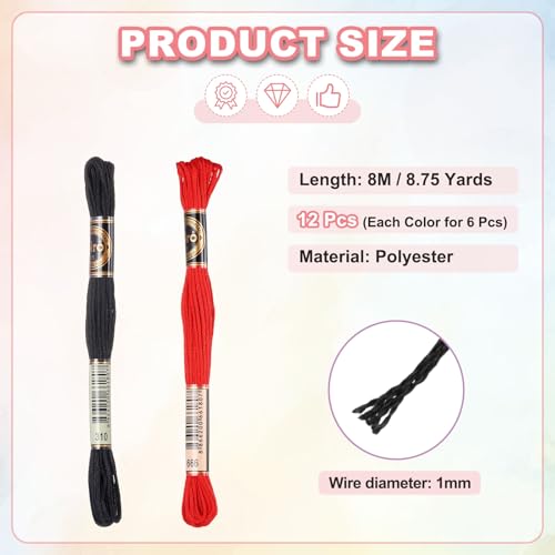 Image of PATIKIL 12 Skeins Embroidery Floss Polyester Embroidery Threads Bracelets String for Cross-Stitch Hand Embroidery, Black /Red