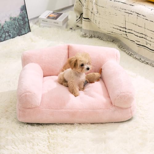 Hollypet Katzenbett Kleines Hundebett, Flauschiges Plüsch Katzensofa für Katzen und Welpen, Weiches Schlafsofa für Haustiere Atmungsaktives Haustierbett, Rosa