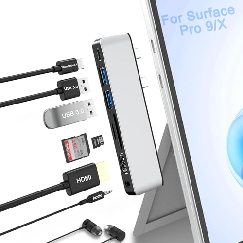 Surface Pro 11/10/9 Docking Station, Surface Pro 9 Accessories with 4K HDMI, USB C Thunerbolt 4(Display+Data+100W Power), 2 USB3.0, SD+TF, 3.5mm Audio, HDMI+USB C Triple Display Surface Pro 9/X Hub