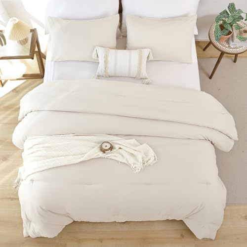Image of ROSGONIA Oversized King Comforter 128x120, 3pcs Super King Plus (1 Beige Comforter & 2 Pillowcases) Lightweight Oversized Bedding Set Blanket