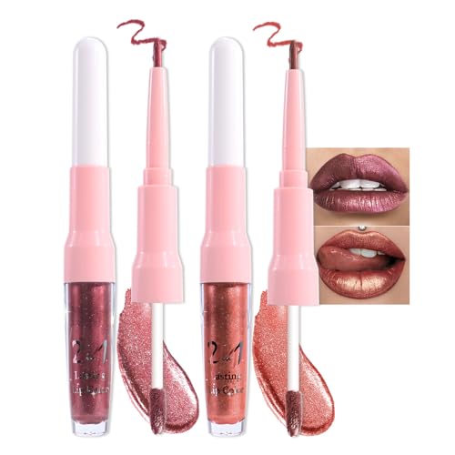 Image of evpct 2Pcs Plum Red Brown Metallic Glitter Lip Liner and Lipstick Combo, Shimmery Lip Gloss Stain Set Makeup for Women Long Lasting Waterproof 24, Metallic Shimmer Iridescent Glossy Liquid Lipstick