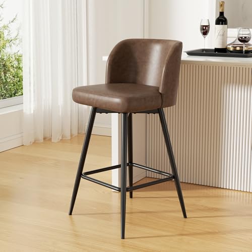 Image of Swivel Bar Stools, 26 inch Counter Height Bar Stools with High Back and Metal Legs, Faux Leather Bar Chairs, Modern Barstools for Kitchen Island, Brown