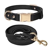 LWBMG 5FT Leather Dog Collar and Leash Set, Heavy Duty Dog Leash and Collar with Metal Buckle,Adjustable Pet Collar and Lead, Soft Pet Leash and Collar Set for Small Medium Large Dogs Black