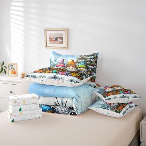 Image of Lovely Santa Gnome Comforter Set 7 PCS,Xmas Themed Gifts Bed Set for Girls Kids Adults,Rustic Christmas Tree Bed in a Bag Bedding Set with Comforter,Sheet Set,Pillowcases,Pillow Covers,Queen