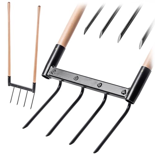 KADAX Garden Fork with 4 Prongs and Long Wooden Handles, Digging Fork for Soil Loosening and Gardening, Broadfork for Aerating Soils (49.5 x 134 cm)