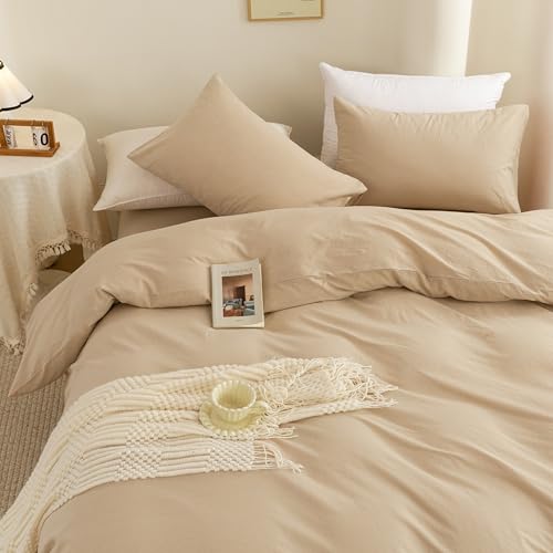 Image of ECOCOTT Duvet Cover Queen Size, 100% Washed Cotton 1 Duvet Cover with Zipper and 2 Pillowcases, Ultra Soft and Easy Care Breathable Cozy Simple Style Bedding Set(Queen, Khaki)