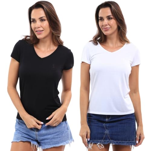 Kit 2 Camiseta Baby Look Feminina Gola V em Viscose Dry