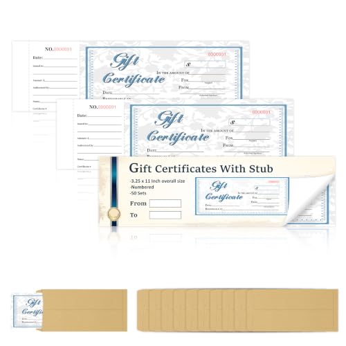 150 Sets Gift Certificate Book with Stub and Kraft Envelopes 11 X 3.25 Inch Vintage Gift Voucher Book with Serial Numbers for Salon Spa Retail Store Restaurant and Small Business (3, Blue)