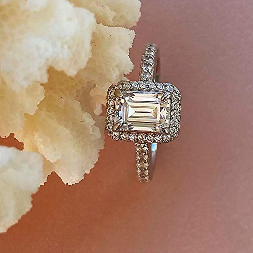 Silver 1.0 Ct (7x5mm) Emerald Cut Engagement Ring Accented Halo Wedding Ring Half Eternity Radiant Cut Anniversary Ring2