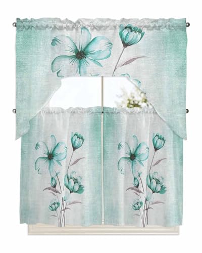 Teal Green Floral Kitchen Curtains Set - Swag Valance and Tier Panels 36 Inch Length, Rod Pocket Drapes for Bathroom/Cafe/Window, Spring Country Flowers Ombre Green Rustic Painting