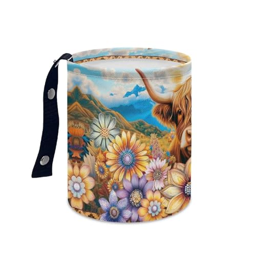 Image of Renewold Automotive Garbage Cans Multipurpose Trash Bin for Car Boho Flower Dahlia Highland Cow Car Trash Can Camping Beach Storage Bag Foldable Portable Automotive Interior Accessories Waterproof