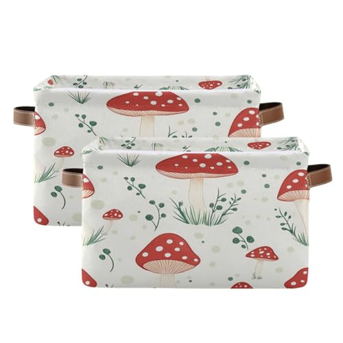 PaChyLuu Red Mushrooms Storage Basket Bin Canvas Fabric Organizer Toys Basket with Handles for Home Office Nursery, Clothes, Gifts, 2 Pcs