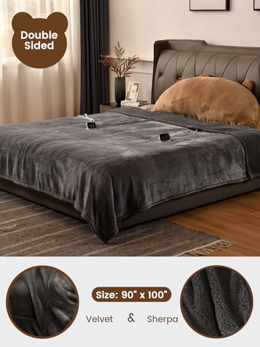 Image of Bearhug Electric Blanket King Size with Dual Controls, 10 Heat Levels & 1-12H Auto Shut-Off, Fast Heating Soft Velvet to Sherpa Heated Blanket for Couples, Machine Washable, Gray