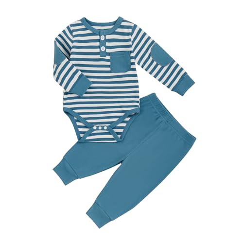 Image of fhutpw Baby Boy Clothes 3 6 12 18 Months Ribbed Knitted Long Sleeve Romper and Pants Sets Newborn Fall Splicing Color Outfits