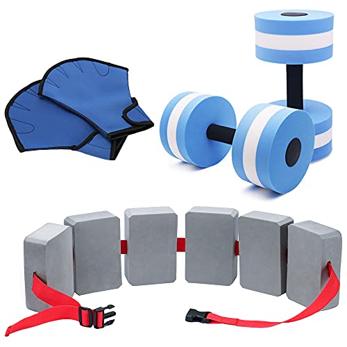 UNAOIWN 5 Piece Aquatic Fitness Set for Water Aerobics, Pool Exercise Equipment Foam Water Dumbbell, Aquatic Swim Belt,Resistance Gloves,Barbells,Water Workout Fitness Tool