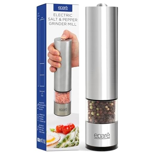 Electric Salt or Pepper Grinder - Battery Operated Ceramic Burr Peppermill Shaker - Automatic Stainless Steel Grinders - Mill With LED Light by Eparé