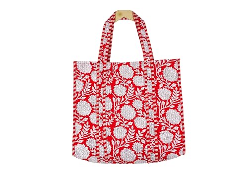 Image of Quilted Cotton Hand printed Reversible Large multicolor cotton Tote Bag,Indian Handmade Block Printed Tote Bag Women Handbag