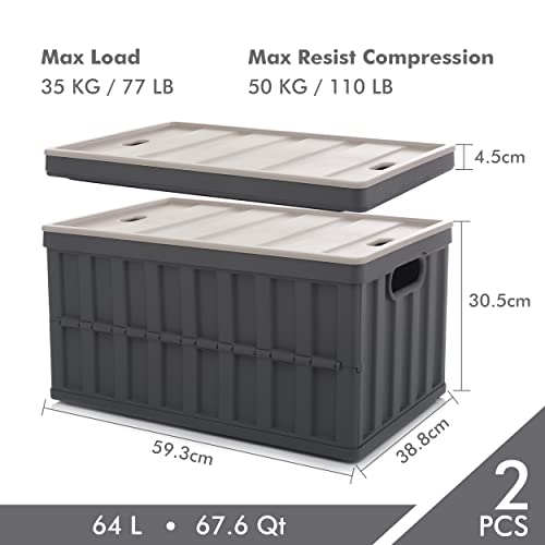 Citylife 2er Set 64L Faltbare Campingbox Aufbewahrungsbox mit Deckel, Collapsible Storage Bins für die Organisation große Heavy Outdoor, Bad, Küche, Büro, Wohnzimmer (grau)