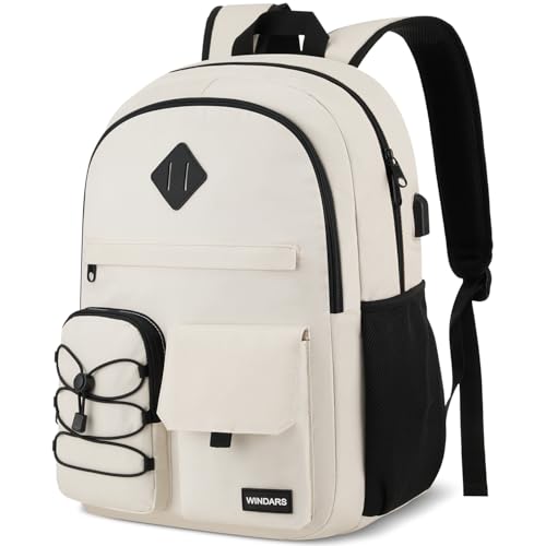 School Backpack for Women, College Bookbag Teen Girls 15.6 Inch Laptop Bacpack Cute School Bag with USB Port for Students (Beige)