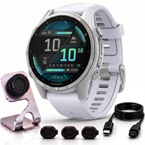 Image of Garmin Fenix 8 43mm AMOLED Multisport GPS Smartwatch, Silver with Whitestone Silicone Band, 010-02903-00 - Bundle w /Deco Essentials Charging Dock, Dust Cover and USB-C Cable