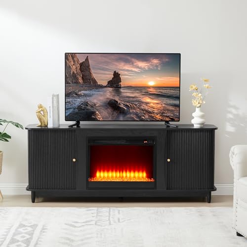 Image of Fireplace TV Stand, Fluted TV Stand with Storage and Sliding Door, Farmhouse Entertainment Center Media Console Table for Living Room (Black)