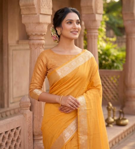 Image of Women's Pure Cotton Banarasi Silk Saree With Unstitched Blouse Piece