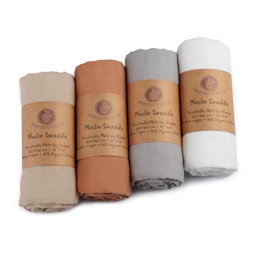 Image of Meracorallo Muslin Swaddle Blanket Silky Soft Receiving Blanket Neutral Swaddle Wrap for Baby Boys and Girls, 47 x 47 inches, Set of 4 Solid Color