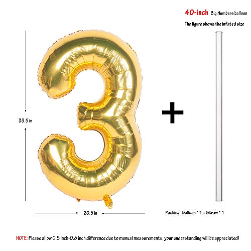 Image of 40In Large Gold Number Balloon 3 Aluminum Foil Mylar Big Number Balloon 0-9 | Suitable for Gold Birthday Parties, Weddings and Anniversary Photography