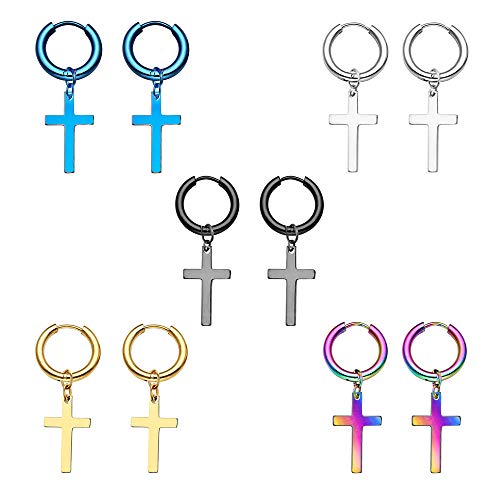 Epoch World 5 Pares Acero Inoxidable Pendientes pour Hombre Mujer Niña, Pendientes Aros Plata Pequeños, Pendientes Cruz Hombre, Pendientes Oro Hombre, Pendientes Hombre Aros, Pendientes Negros Hombre