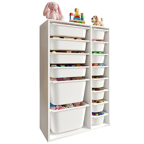 LEOKIDS Spielzeugaufbewahrung mit 14 Boxen Kinderregal mit Spielzeugkisten für Kinderzimmer Spielzeugschrank & Organizer Weiß (14 Boxen MDF)
