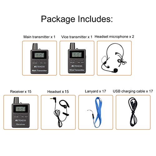 Sistema inalámbrico de guía turística Retekess TT105, sistema de traducción para iglesias | para escenas de interpretación, transmisores de radio bidireccionales, 2,4 GHz, 12 horas de funcionamiento, 2 transmisores y 15 receptores miniatura 6