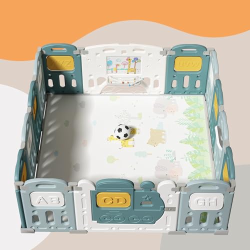 Image of Dawnwake Assembly-Free 14 Panel Playard, Baby Playpen Fence with Crawling Mat and Football for Baby Upto 8 Years with Safety Locking Door & Drawing Board (150x150cm, Foldable) -Green
