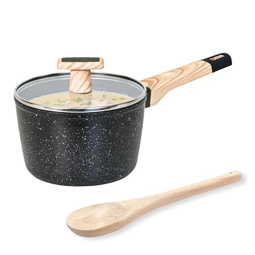 Image of Kreme Ceracook Ceramic Coated Granite Sauce Pan 1.8L /24cm with Glass Lid, ISI Certified Tea, Chai, Sauce Pot, Forged Aluminium, Gas & Induction Use, Non Toxic PFAS & PTFE Free, 1 Yr Warranty, Black