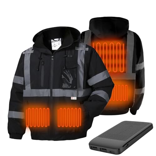 SKSAFETY Professional Level Heated Safety Bomber Jacket Class 3 Hi-Vis Waterproof Coat 3M Reflective Tape Work Construction Coats for Cold Weather (Black 2XL)