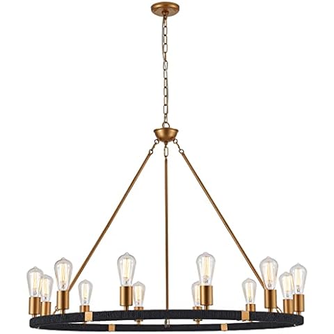 ELYCCUPA 12-Lights Wagon Wheel Chandelier Bohemia Black Hand Woven Rattan Chandelier Farmhouse Large Brass Pendant Light for High Ceilings Living Room Dining Room, Dia 42 Inch, UL Listed Cover
