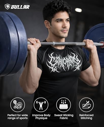 Image of BULLAR Men's Polyester Blend Compression T-Shirt, Half Sleeve Athletic Sports Tight, Crew Neck, Slim Fit Tshirt for Fitness and Workout