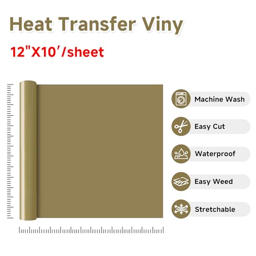 Image of RENLITONG Soil Golden HTV Iron on Vinyl 12 Inch by 10ft Roll Heat Transfer Vinyl for T-Shirt HTV Rolls for All Cutter Machine - Easy to Cut & Weed for Heat Transfer Design